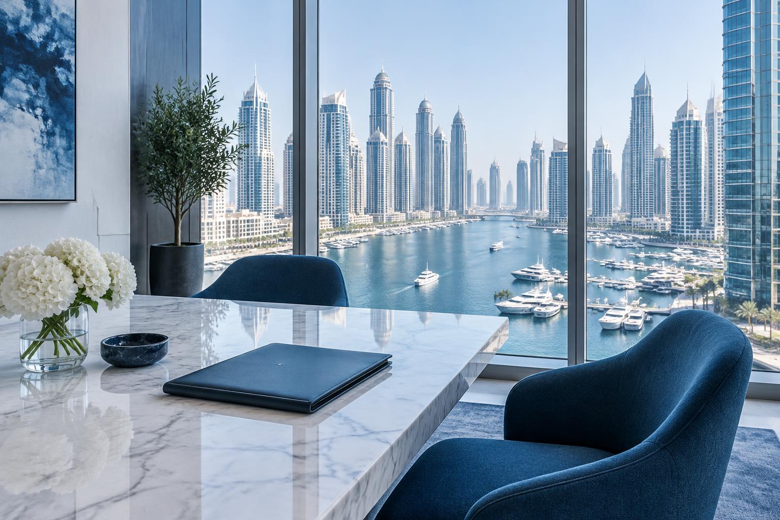 Illustrative private meeting setting overlooking Dubai Marina